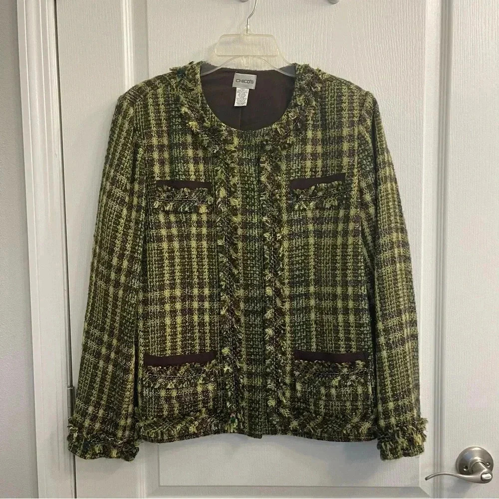 Chico's Plaid Tweed Fringe Chain Trim Metallic Jacket